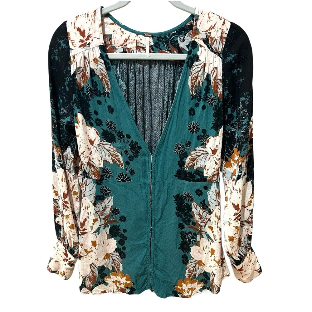 Free People Boho Top Long Sleeve Deep V Neck Tunic Teal Floral XS EUC